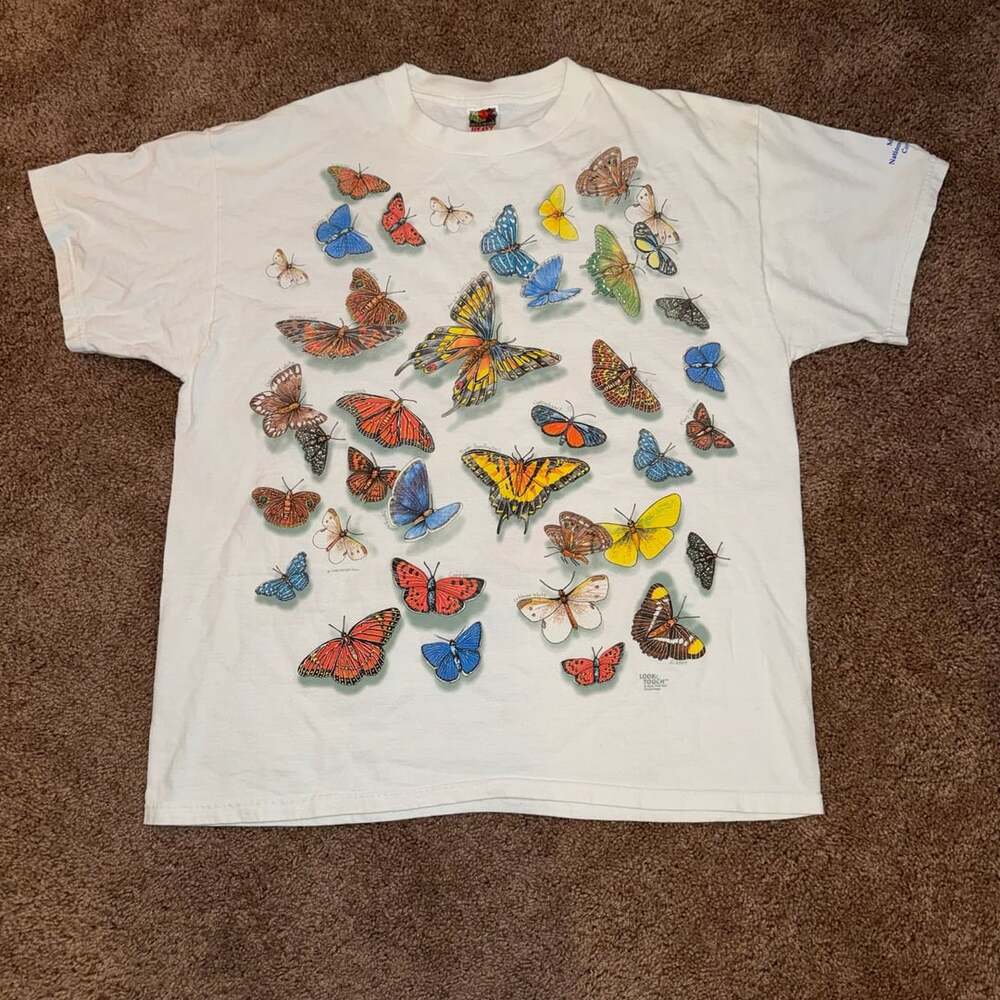 2002 Fruit Of The Loom Peter Kull Butterfly AOP White Puff Print